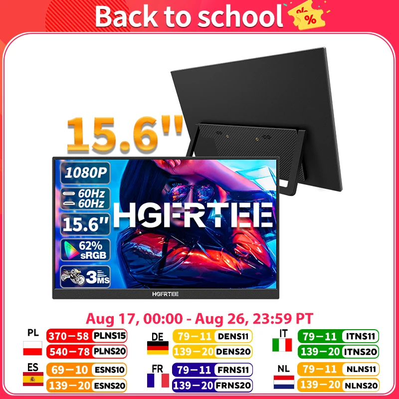 HGFRTEE 15.6 Inch Portable Monitor, FHD-IPS Laptop External Second Screen, Gaming Extended Display with Type-C HDMI