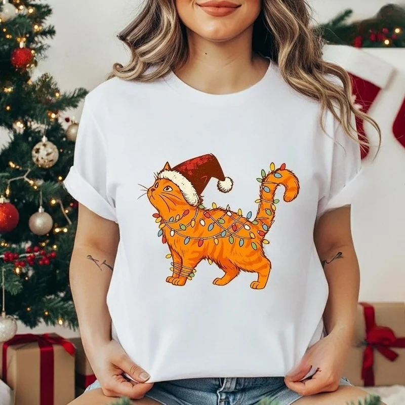 Funny Cat Christmas Shirt Women's Casual Fashion T-Shirts Graphic T-shirt Crew Neck Short Sleeve Top Pet Lover Christmas Gifts