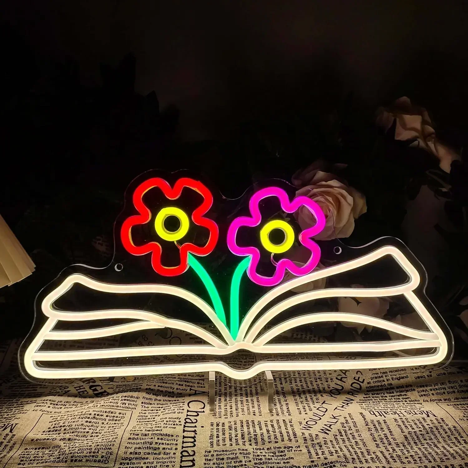  Letrero Luminoso de Neón con Diseño de Libro y Flores, Letrero LED de Neón USB Regulable para Dormitorio, Sala de Estar, Club, Bar, Cueva del Hombre, Regalos para Fiestas, Decoración de Pared
