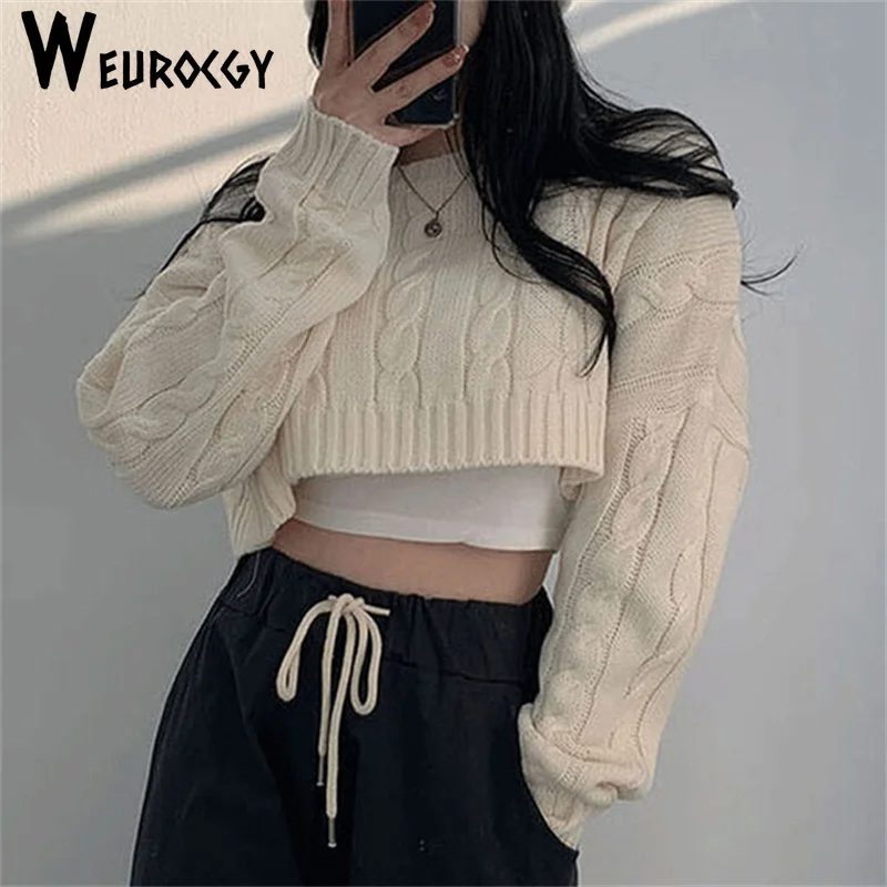 Women Cropped Knitted Sweater 2023 Autumn Winter Fashion Casual Loose Solid Color Round Neck Long Sleeve Pullovers Casual Tops