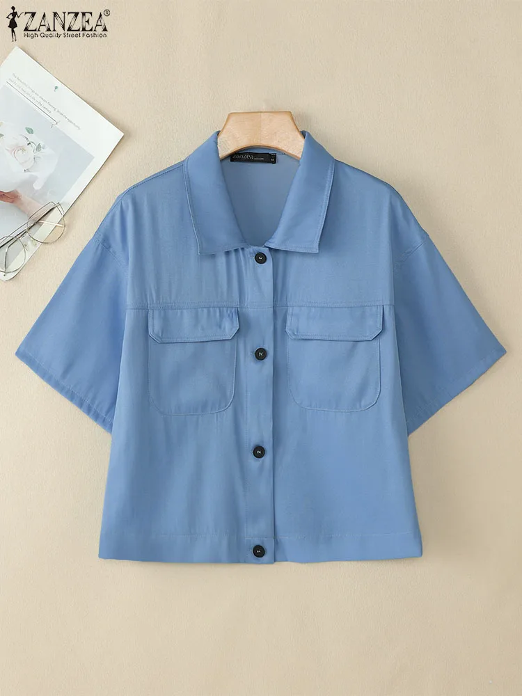 

ZANZEA Denim-Look Casual Chemise Femme Collared Fashion Drop-Shoulder Womens Tunic Tops Work Wear Button Up Short Sleeve Shirts