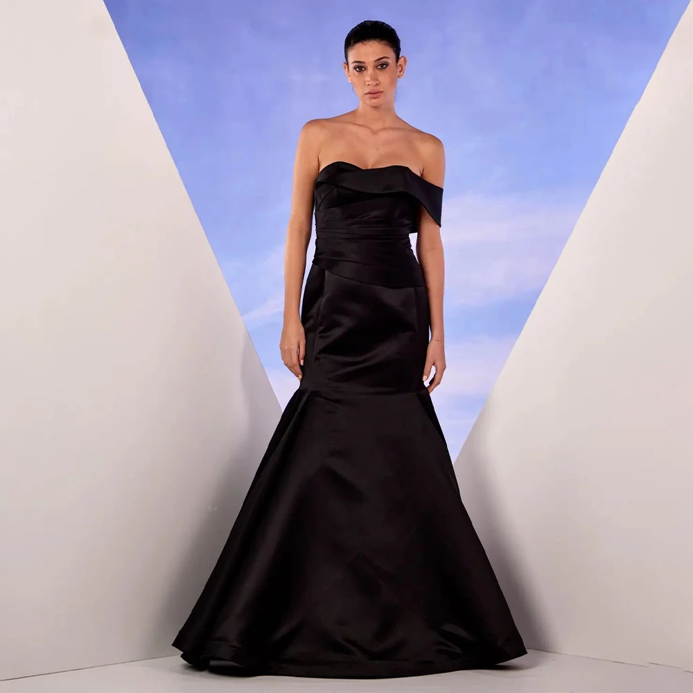 

Formal Evening Dresses Black Satin Off the Shoulder Mermaid Evening Gowns for Women Backless Sleeveless Trumpet Prom Dress Long