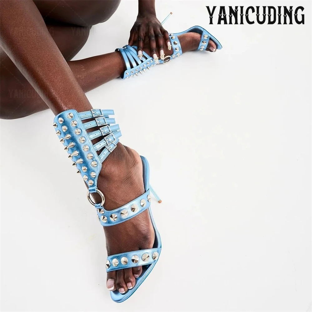 

Spike Gladiator Heeled Sandals O-Ring Detail Sexy Summer Stilettos Metallic Rivet Multiple Buckle High Heeled Sandals for Women