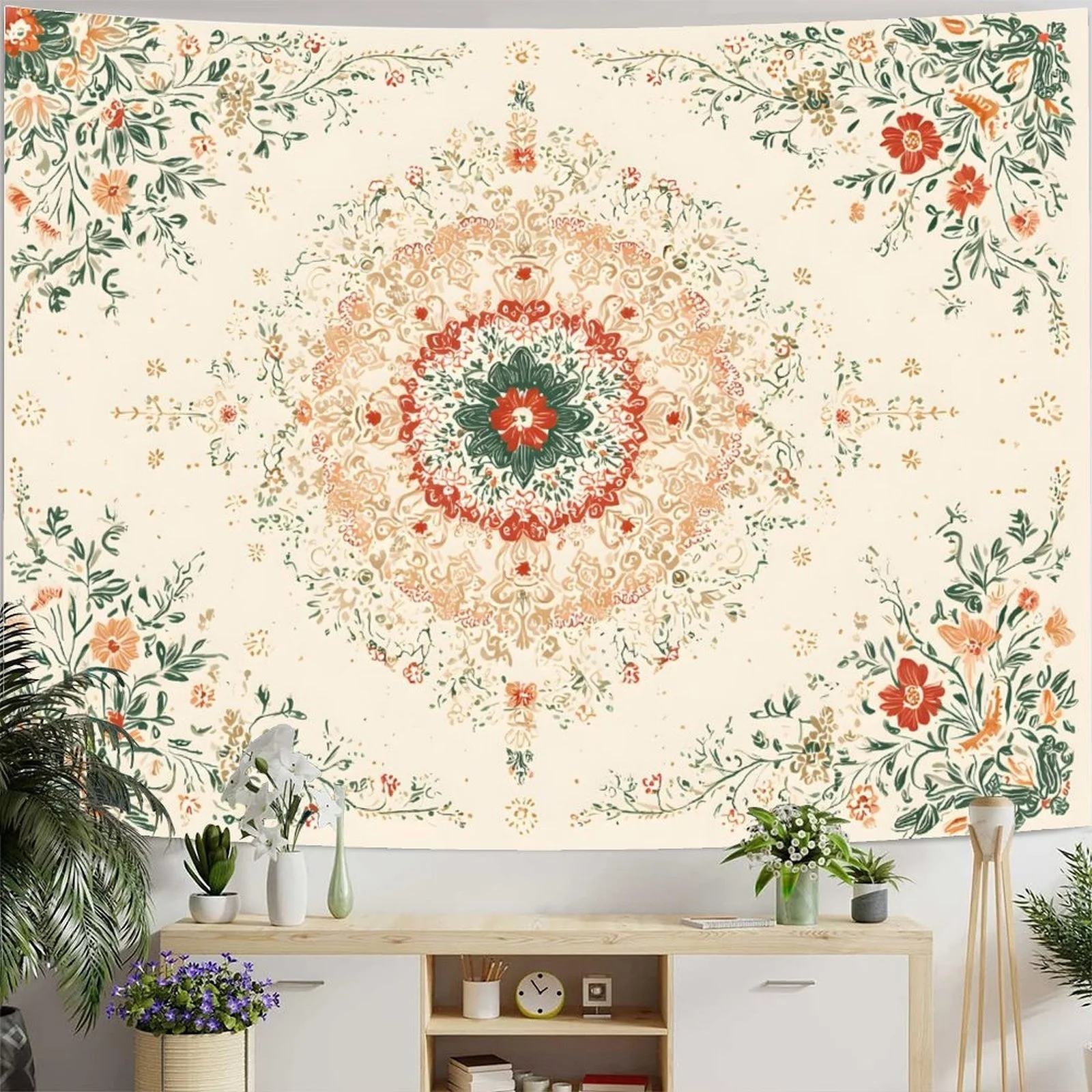 Boho Floral Mandala Tapestry for Bedroom Bohemian Flower Wall Tapestry Aesthetic Large Watercolor Beige Hippie Indian Tapestries