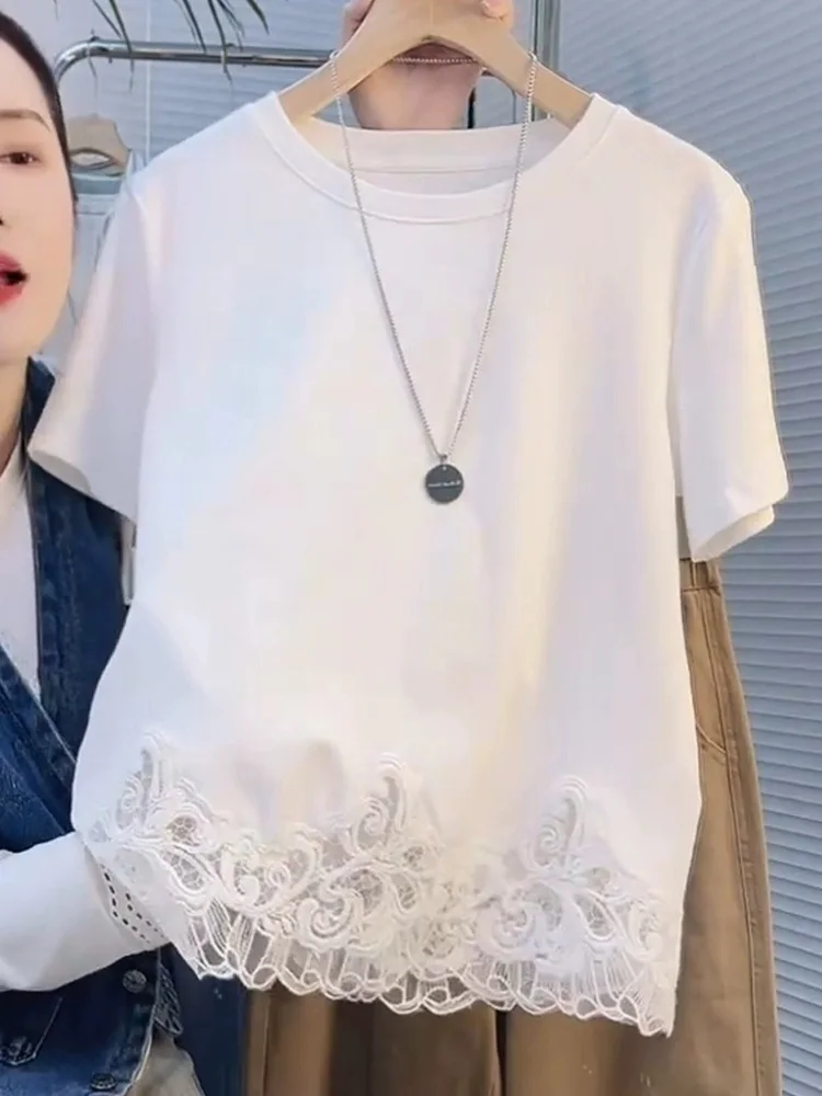 Coreano Sle Casual ort Sve T-shirt da donna vestibilità ampia in pizzo design giuntura top estivo Faionable anti-età