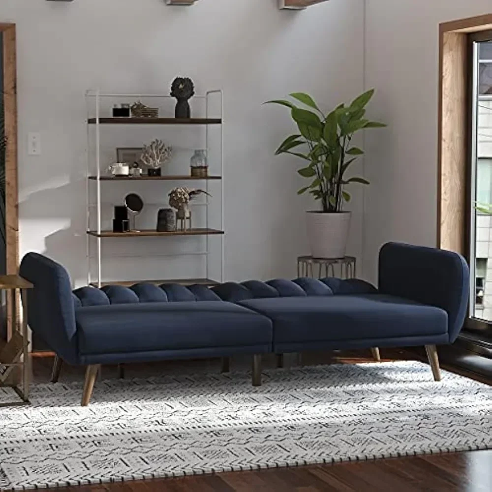 Sofá Premium Linho Estofados com Pernas De Madeira, Blue Linen Futon