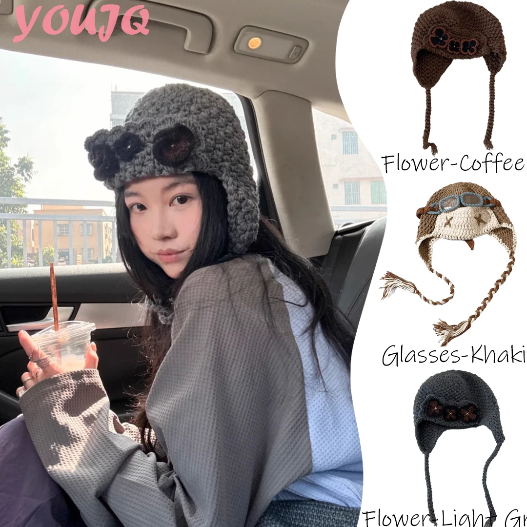 

Korea Knitted Flower Design Braid Strap Bomber Hats for Women Autumn and Winter Casual Warm Ear Protection Versatile Men's Cap