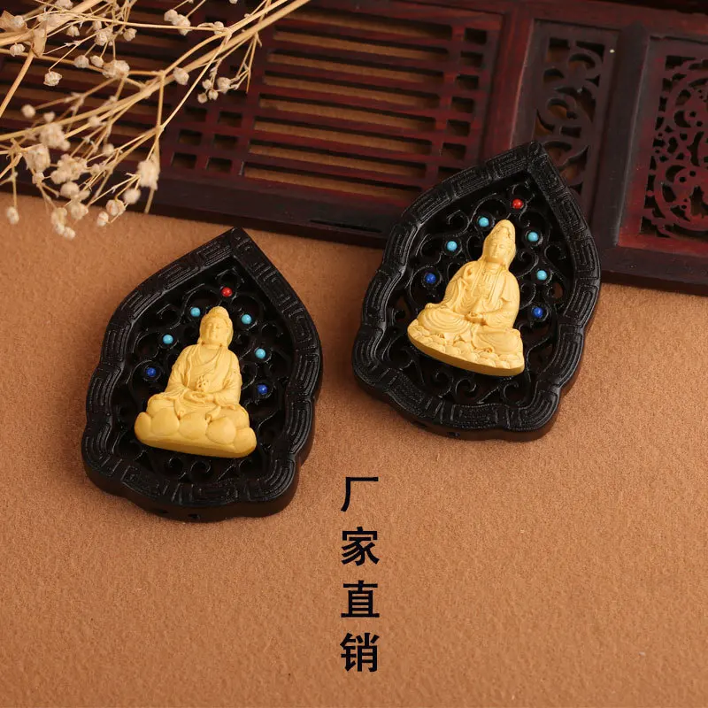 

Natural Ebony Inlaid Boxwood Carving Guanyin Buddha Car Pendant Diy Accessories Crafts Gifts Good Lucky Backpack Prayer Charms