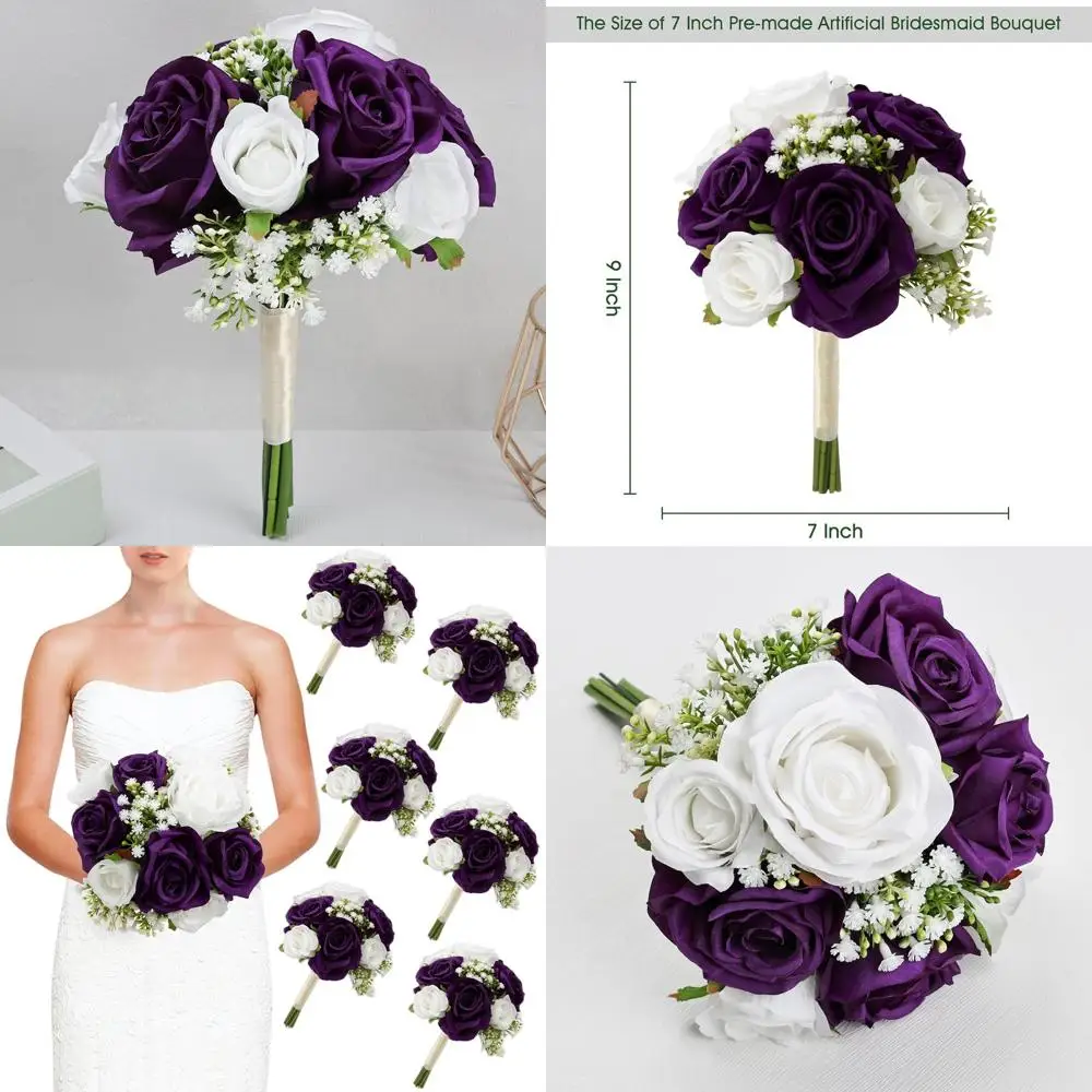

Set of 6 Artificial Silk Bridesmaid Bouquets - Deep Purple & White for Weddings and Special Occasions