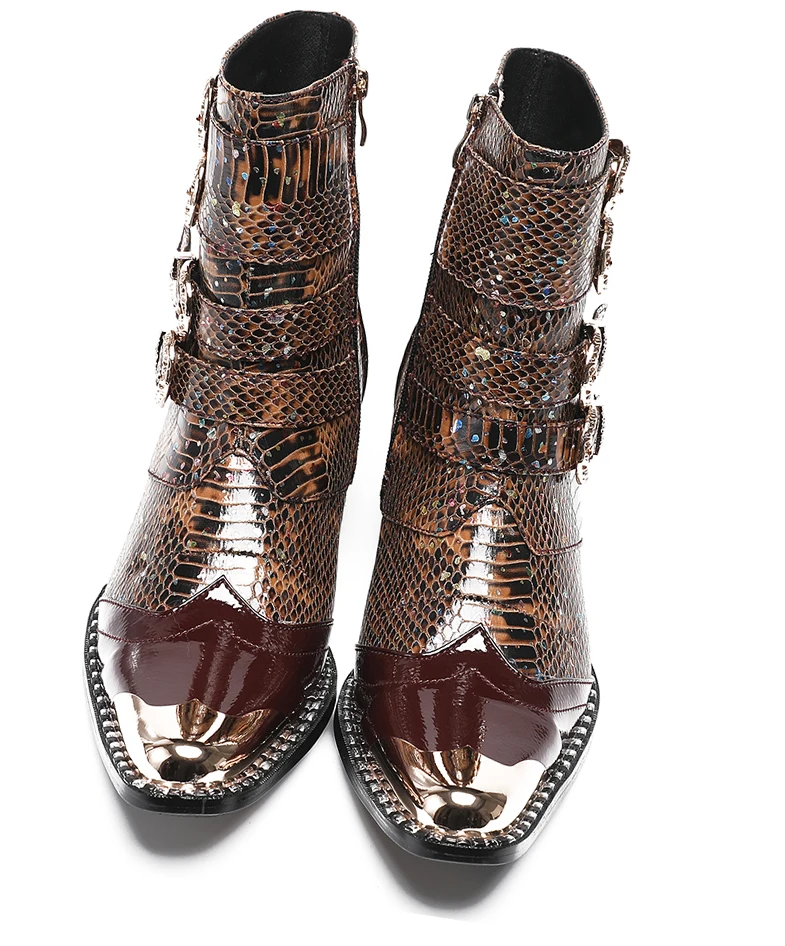 Neue Punk Stil Niet Gürtel Schnalle Dekor Männer Mid-Kalb Stiefel Metall Spitz Spleißen Leder Schuhe Männlich Lace-up Motorrad Stiefel – Detail 2