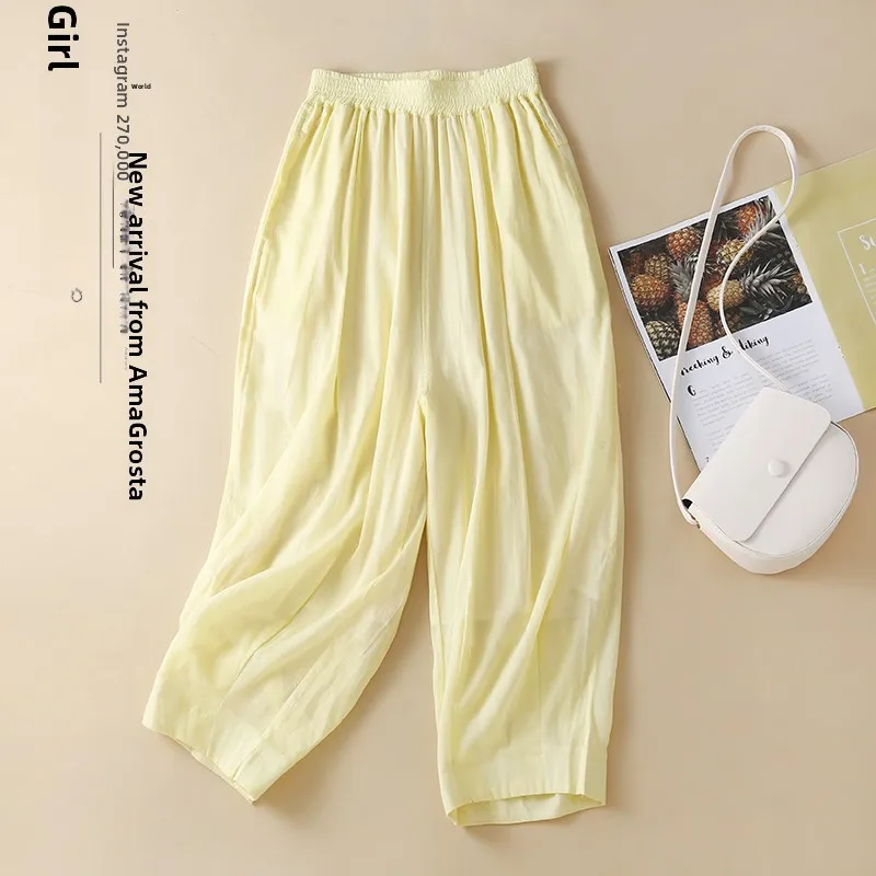 Luźne lniane spodnie haremki damskie plus size z elastyczną talią, dwuwarstwowe, w jednolitym kolorze, z mankietami, długość 7/8, idealne na lato.