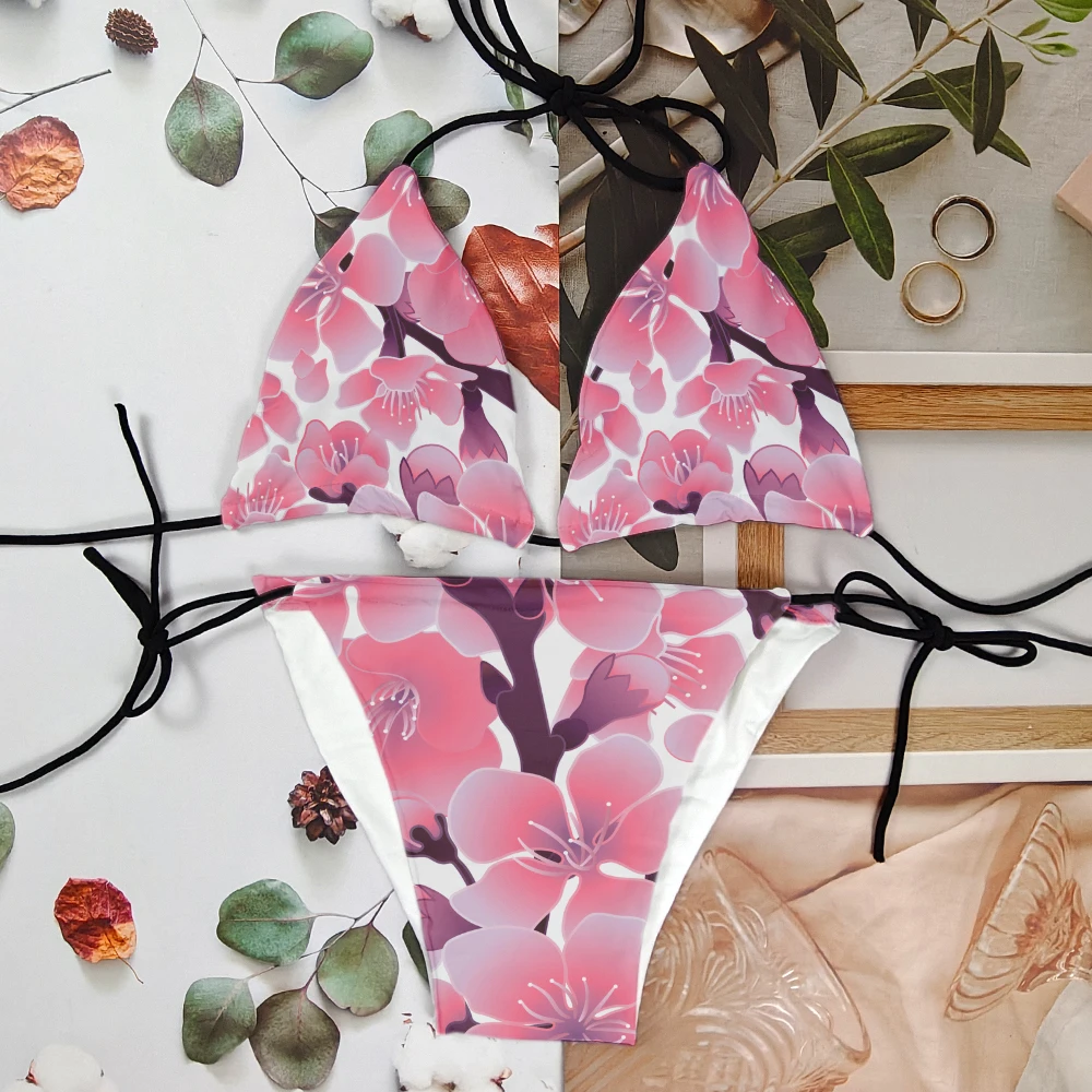Hot sale Cherry blossom bikini pink blue red floral fashion sweet beach swimsuit suitable for summer swimming sunbathing