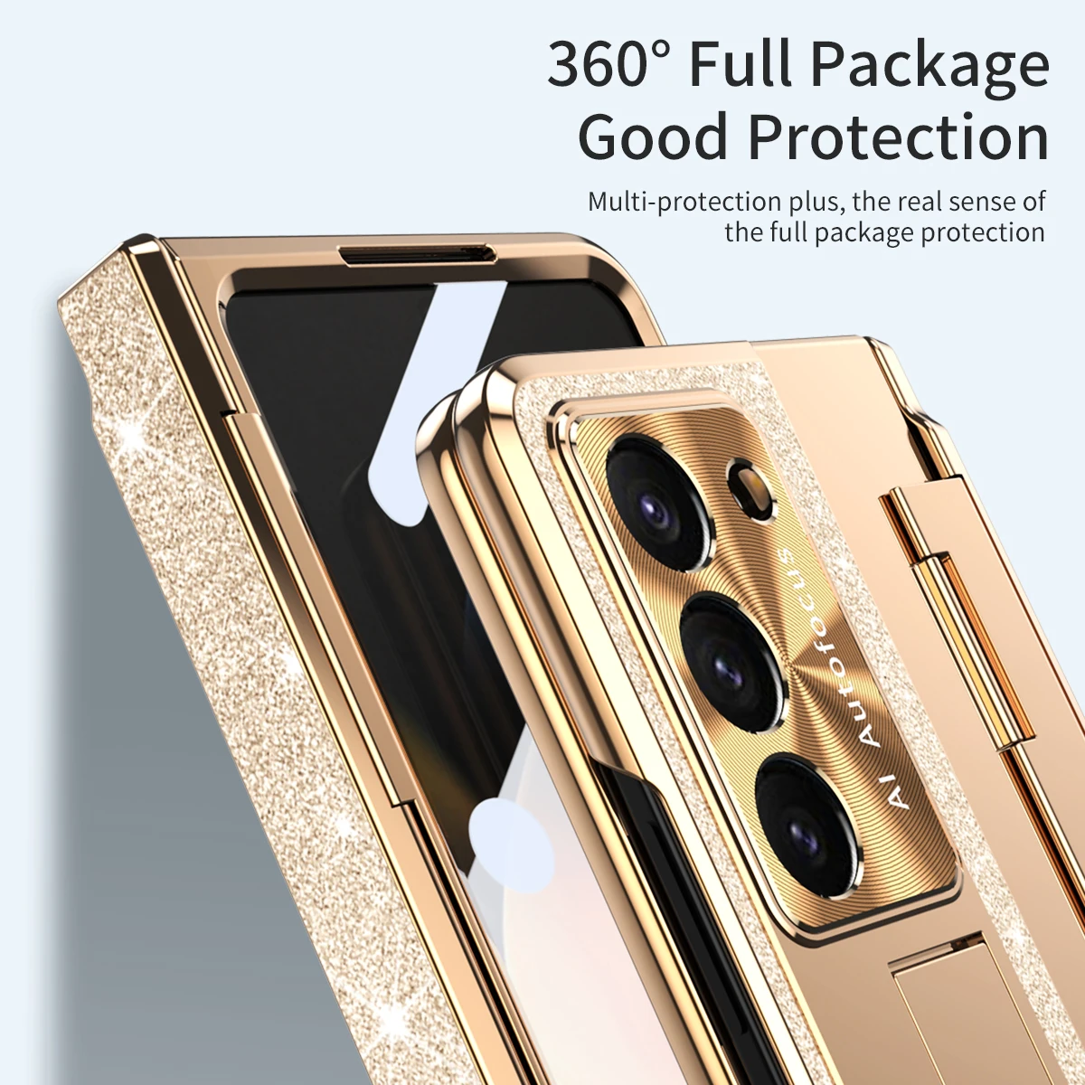 For Samsung Galaxy Z Fold 5 Z Fold 4 Z Fold 3 5G Case with Screen Protector Luxury Frosting One-Piece Plating Stand Cover Gold