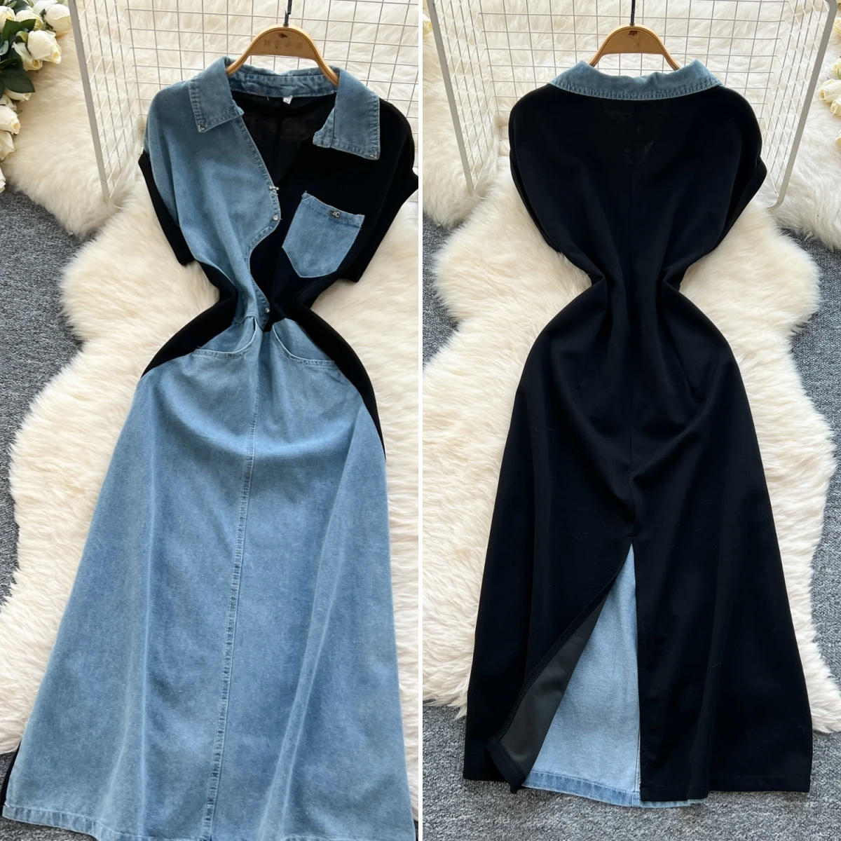 

Mid Length Dress Women Dresses A Line Vestidos Turn Down Collar Sleeveless Elegant Splice Denim Y2k Streetwear High Waist