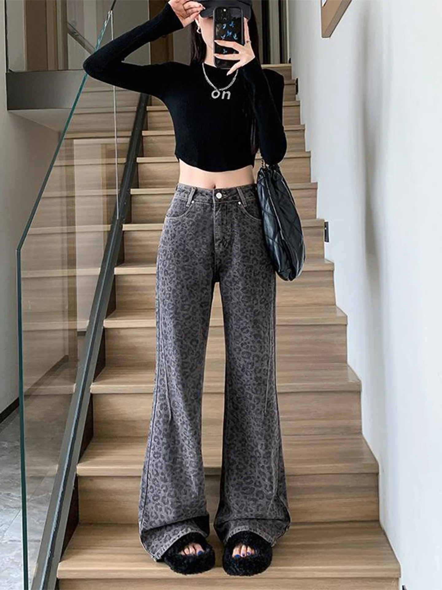 กางเกงยีนส์ทรงกระดิ่งลายเสือดาวสไตล์เรโทร ทรงตรง กระชับสัดส่วน เอวสูง ลำลอง สำหรับผู้หญิง ฤดูใบไม้ร่วง ฤดูหนาว รุ่นใหม่