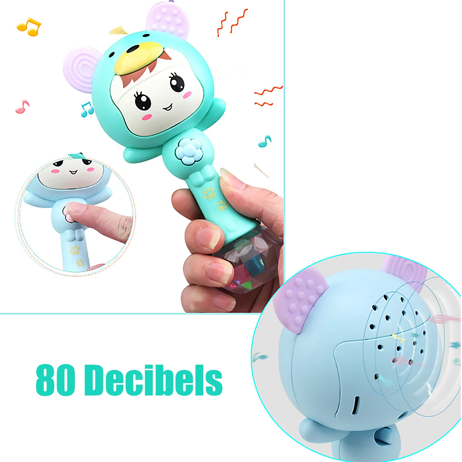 Cute Cartoon Rattle Shaker Toy Infant Handheld Molar Stick Teether Musical Toy with Colorful Light Effect for 0-1 Year Toddlers