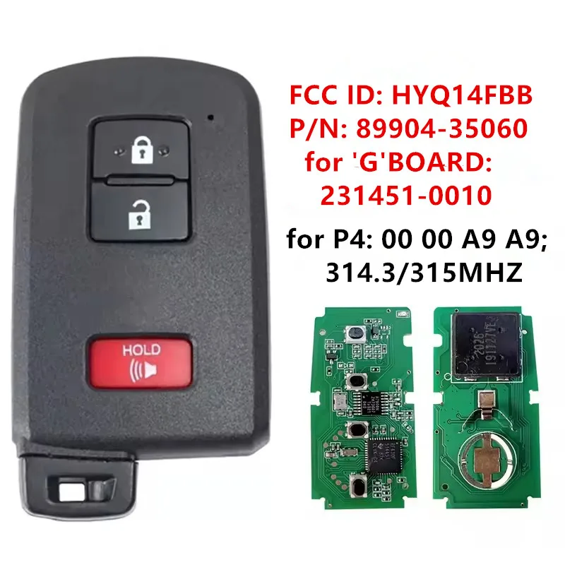 

KEYECU Replacement SMART KEY PROXIMITY Remote Fob 3Button 314.3MHZ for 2020 2021 TOYOTA 4RUNNER HYQ14FBB - G Board 231451-0010
