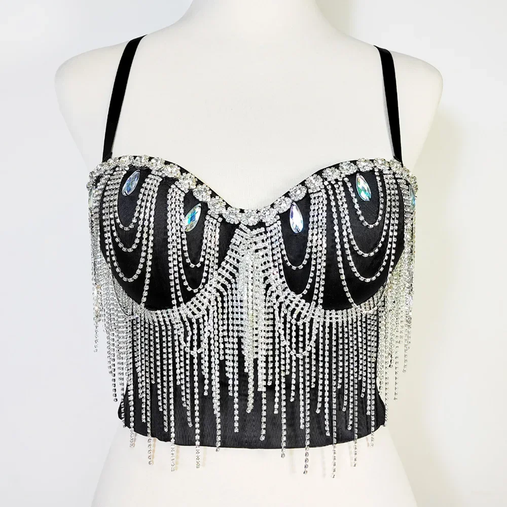 

Tassel Crop Tops Belly Sexy Rhinestones Chains Dancing Tube Top Nightclub Bar DJ Dancer Fringe Corset Bra Performance Stage Wear