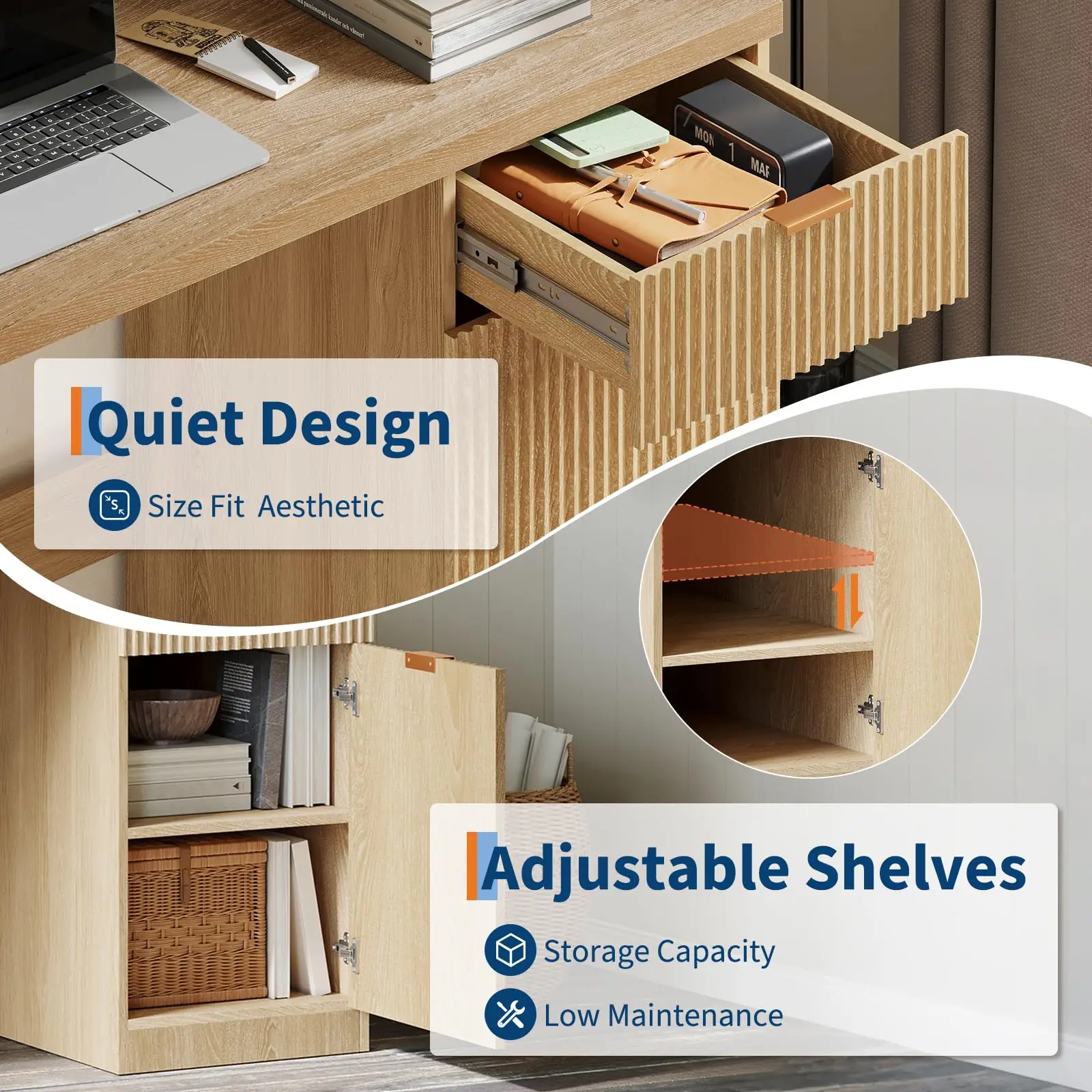 GarveeHome 60" Executive Desk with Storage, Modern Home Office Desk with Drawer & Cabinet, Wood Fluted Computer Desks Workstati