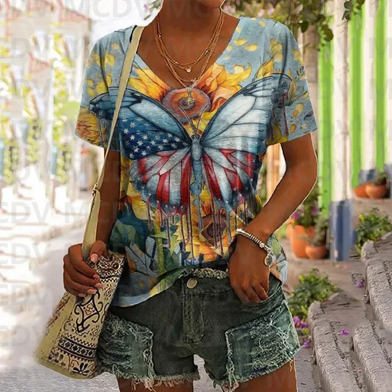 

Flag Butterfly Sunflower Printed V-neck T-shirt 3D Printed Summer Women's T Shirts