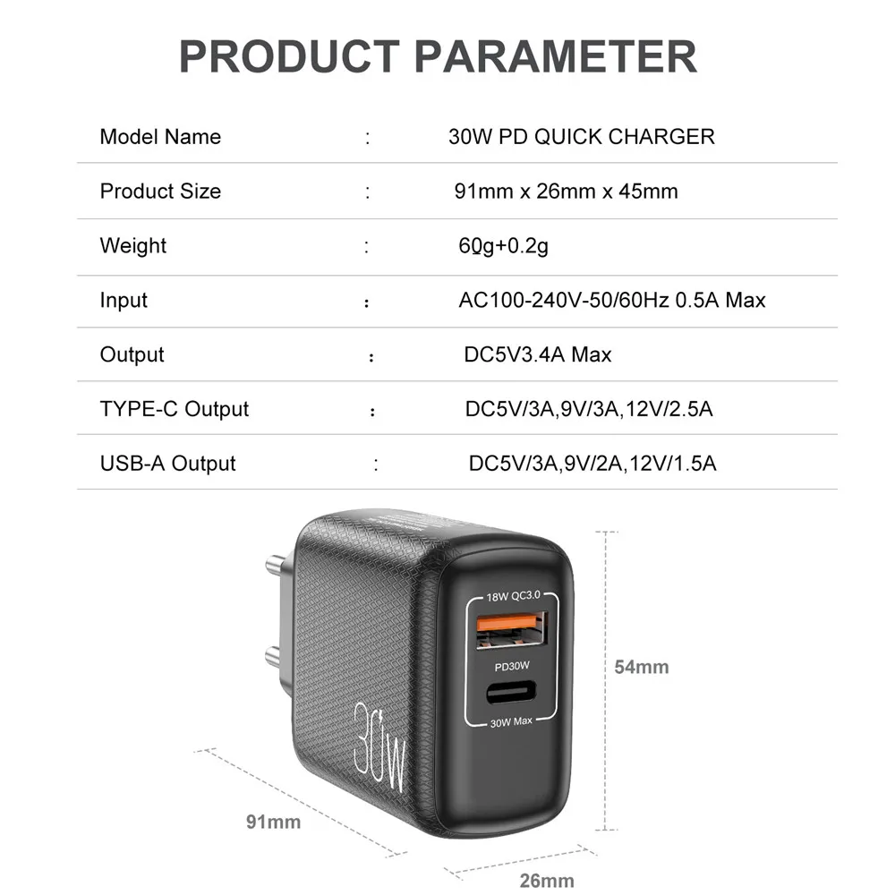 USB-A ชาร์จ PD USB 2พอร์ต30W + ชนิด-C PD QC3.0 AFC FCP SCP ชาร์จเร็วอะแดปเตอร์ชาร์จในรถยนต์ผนังปลั๊ก EU สำหรับ12 13 14 PRO MAX