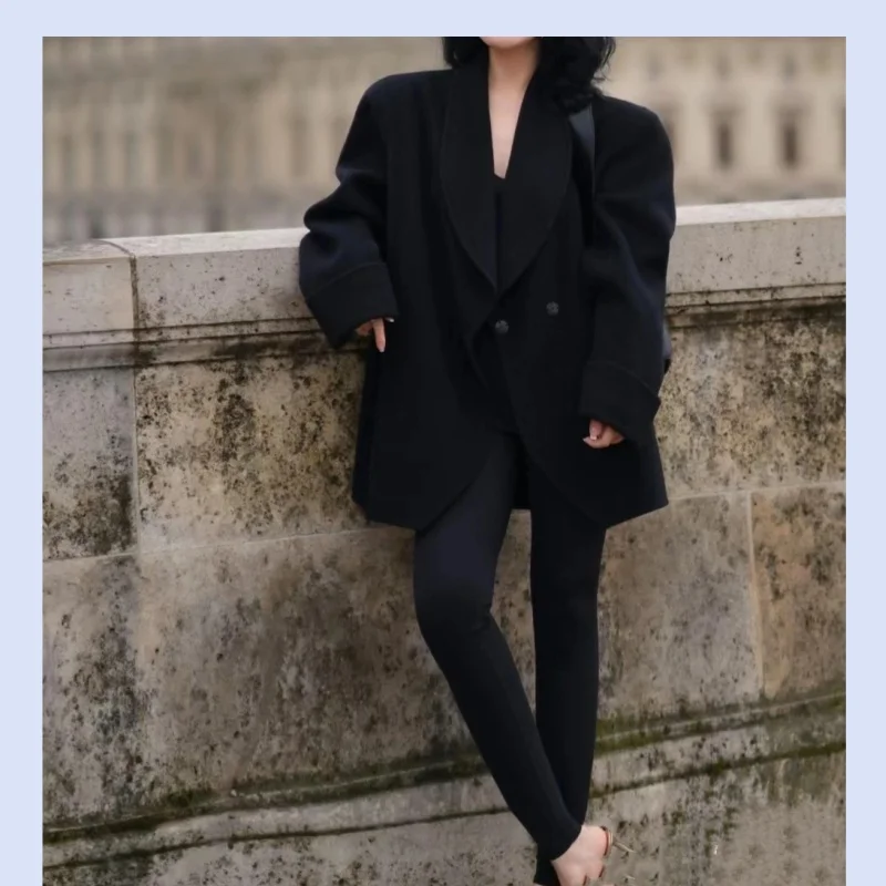 Light luxury three-dimensional silhouette medium long double-sided woolen women's autumn and winter new style flip sleeve wool l
