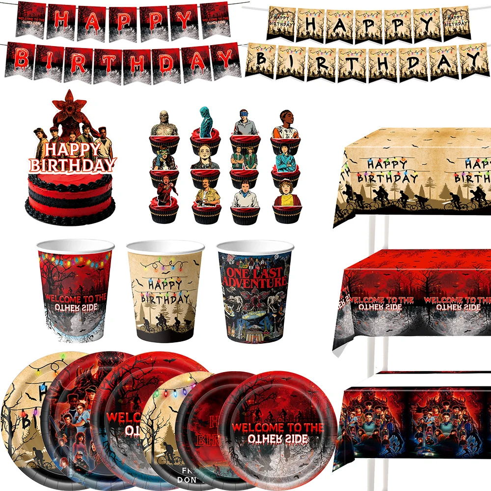 Decoração de Aniversário Infantil, Utensílios Descartáveis com Tema Stranger Season 5, Copos, Pratos, Bandeiras, Suprimentos para Festa de Aniversário Infantil