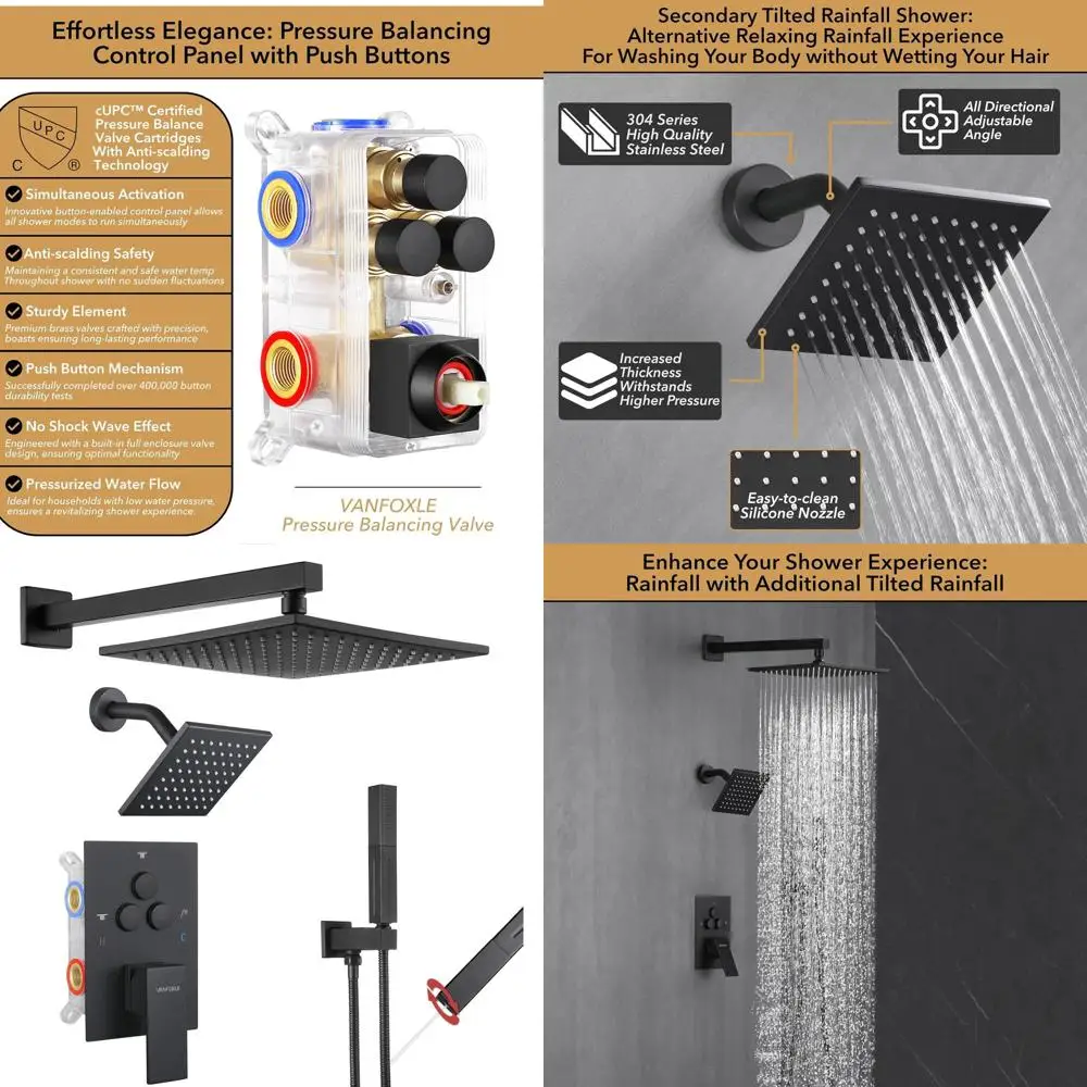 

Matte Black Shower System with Push Button Diverter, 2-in-1 Handheld & Wall Mount, 10 Inch Showerhead and 6 Inch Spray