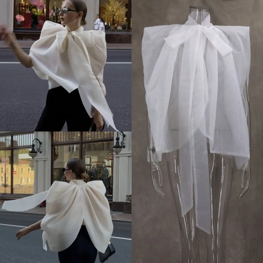 

Stand Collar White Shawl Bow Tops Streetwear Temperament Solid Shawl Style Shirt High-density Yarn White Women's Bowknot Shirt