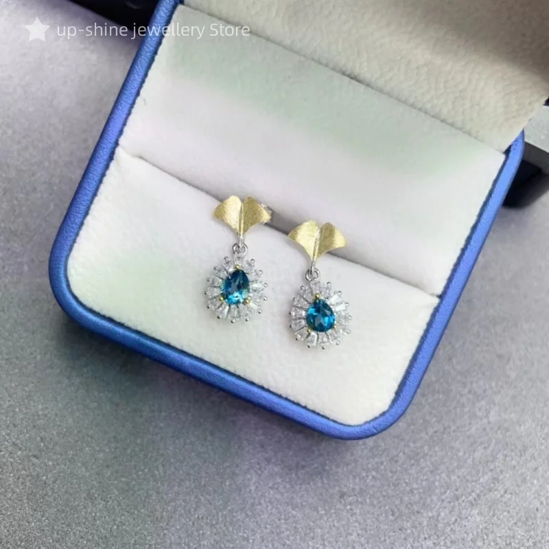 

Natural topaz earrings, set in 925 sterling silver, retro style, simple and atmospheric