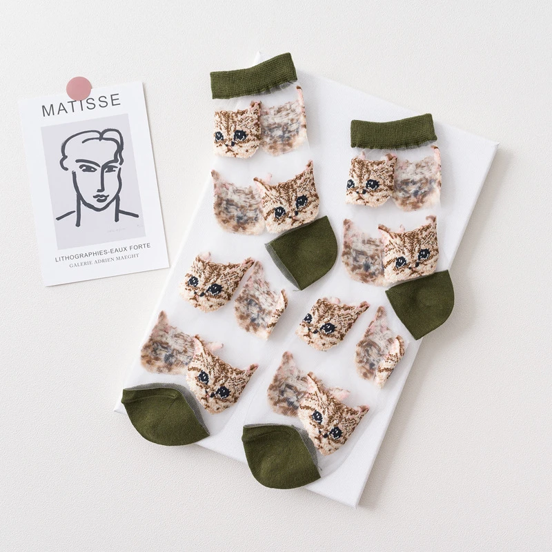 3 Pairs = 6Pieces Cool Transparent Cute Cat Women Socks Breathable Ladies Summer Thin Kawaii Silk Socks For Women Dropshipping