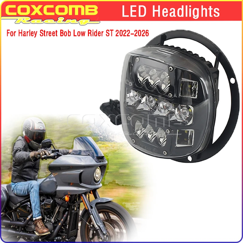 LED Headlight Waterproof Spot Flood Combo E-Mark High Low Beam Aluminum Shell Lamp For Harley Street Bob Low Rider ST 2022-2026