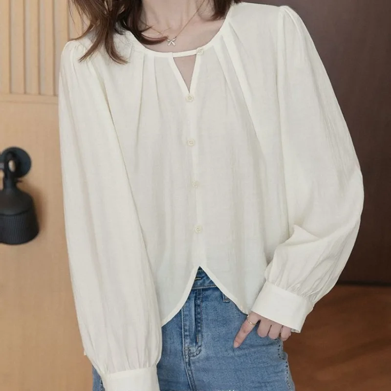 2024Spring Autumn New Fashion Round Neck Long Sleeved Blouse Casual Versatile Western Commuting Loose Clothing Women's Shirts