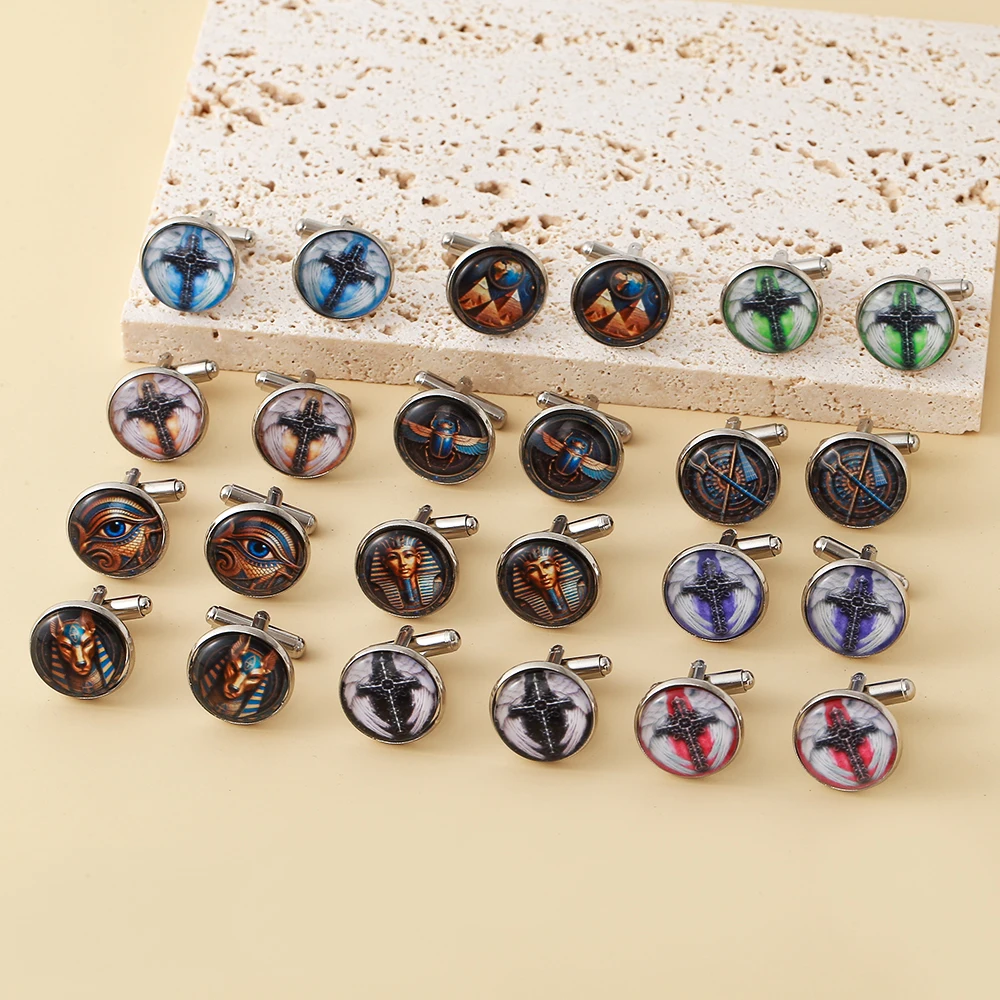 Men's Vintage Egyptian & Cross Pattern Cufflinks, Round Glass Alloy Shirt Cuff Links, Formal Business Wedding Suit Accessories.