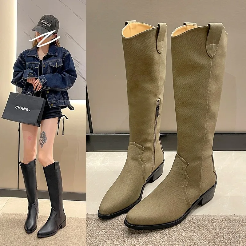 

Black Knee High Western Cowboy Boots Women Autumn Trendy Pleated Slip On Booties Botas Ladies Pointed Toe Shoes
