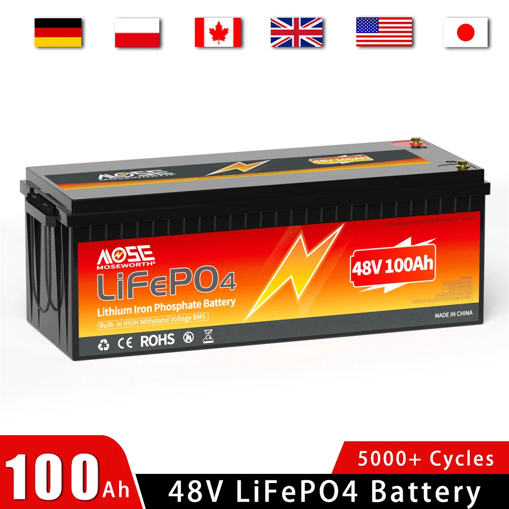 

48V 100Ah LiFePO4 Lithium Battery Built in BMS Grade A Cells 4800Wh Deep Cycle Rechargeable Battery for Solar Home RV Golf Cart