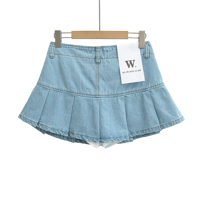 Schinteon Damska Letnia Mini Spódniczka Jeansowa Seksowna Falbanki Plisowana Spódniczka Jeansowa z Wysokim Stanem Spodnie Spódniczka Nowość Lato 2025
