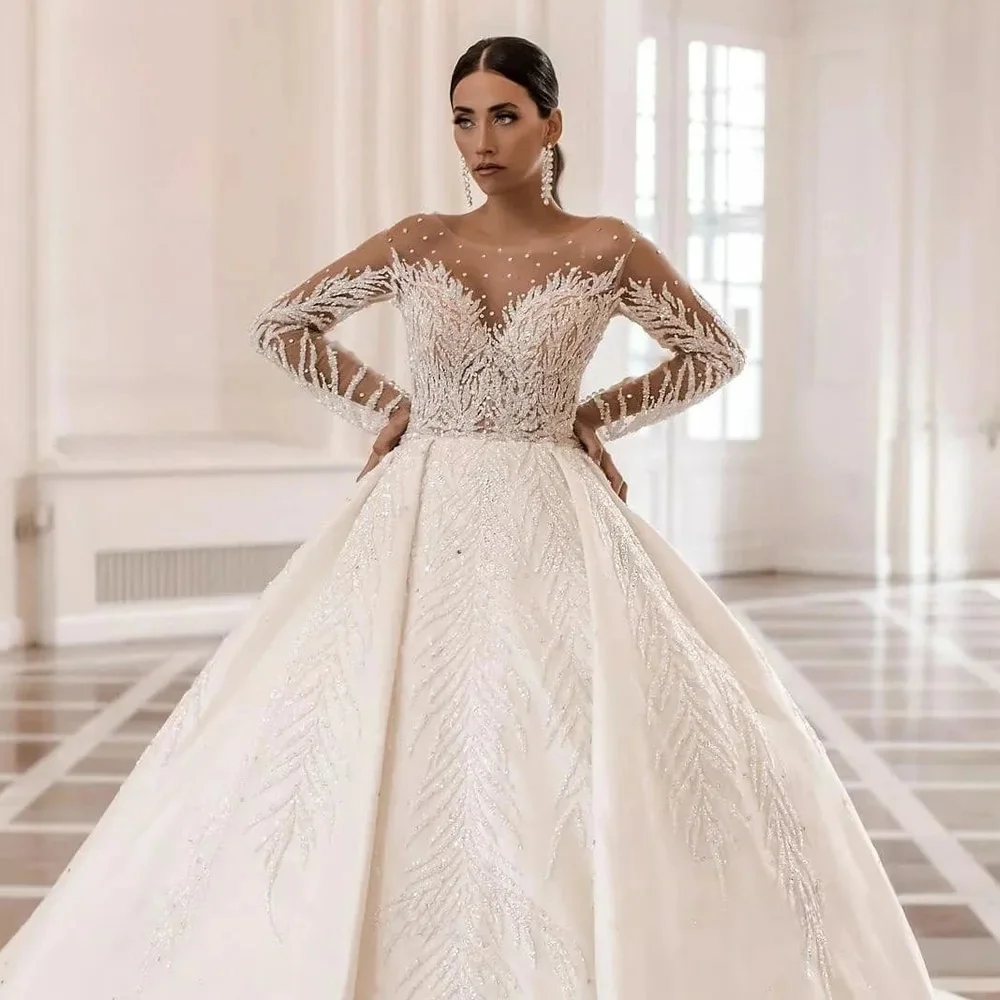 

Custom Pleated Elegant And Fresh Long-Sleeved Wedding Dress 2025 Sweetheart Beaded Backless a-Line Skirt Princess Bride Dress