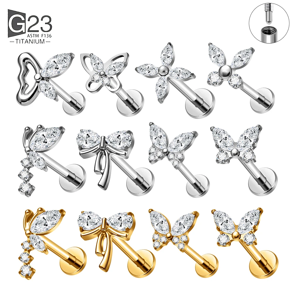 ASTM F136 G23 Titanium Internal Thread Labret Stud Butterfly 16G CZ Flat Back Cartilage Tragus Helix Lip Body Piercing Jewelry
