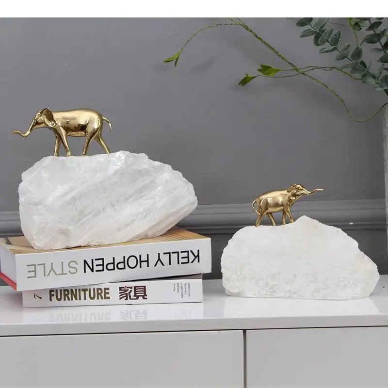 

Golden Elephant Brass Crafts Crystal Base Sculpture Room Aesthetics Living Room Decoration Ornaments Creative Elephant Statue