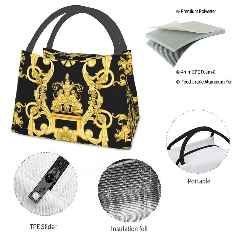 Luxury Golden Europe Floral Insulated Lunch Bag for Work Office Leakproof Thermal Cooler Lunch Box Women