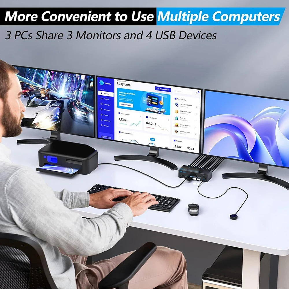 محول USB 3.0 KVM 3 شاشات 3 أجهزة كمبيوتر 8K @ 60 هرتز 4K @ 144 هرتز شاشة ثلاثية متوافقة مع HDMI KVM مع 4 منافذ USB 3.0 KVM Tripl