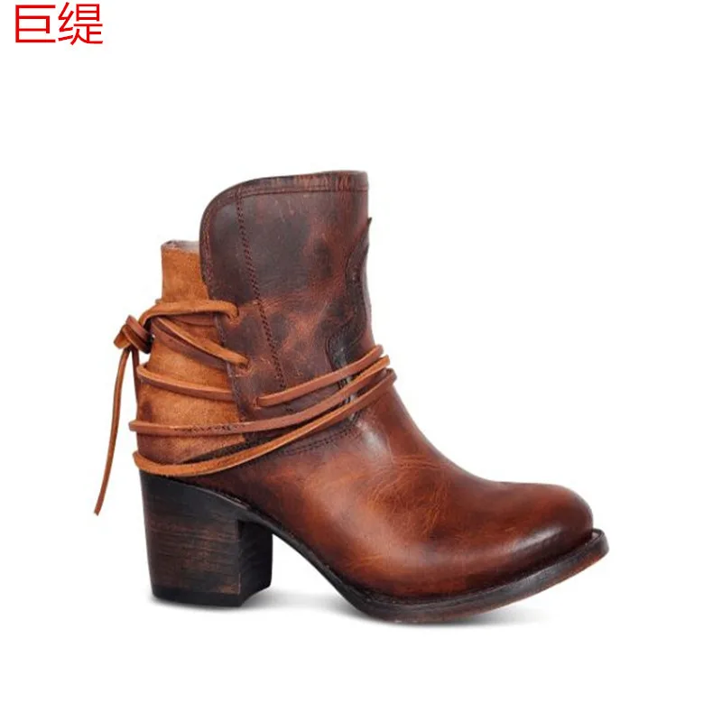 Women Boots 2022 Autumn Vintage Boots Women Chunky Heels Lace-up Booties Heeled Ankle Boots Botas De Mujer