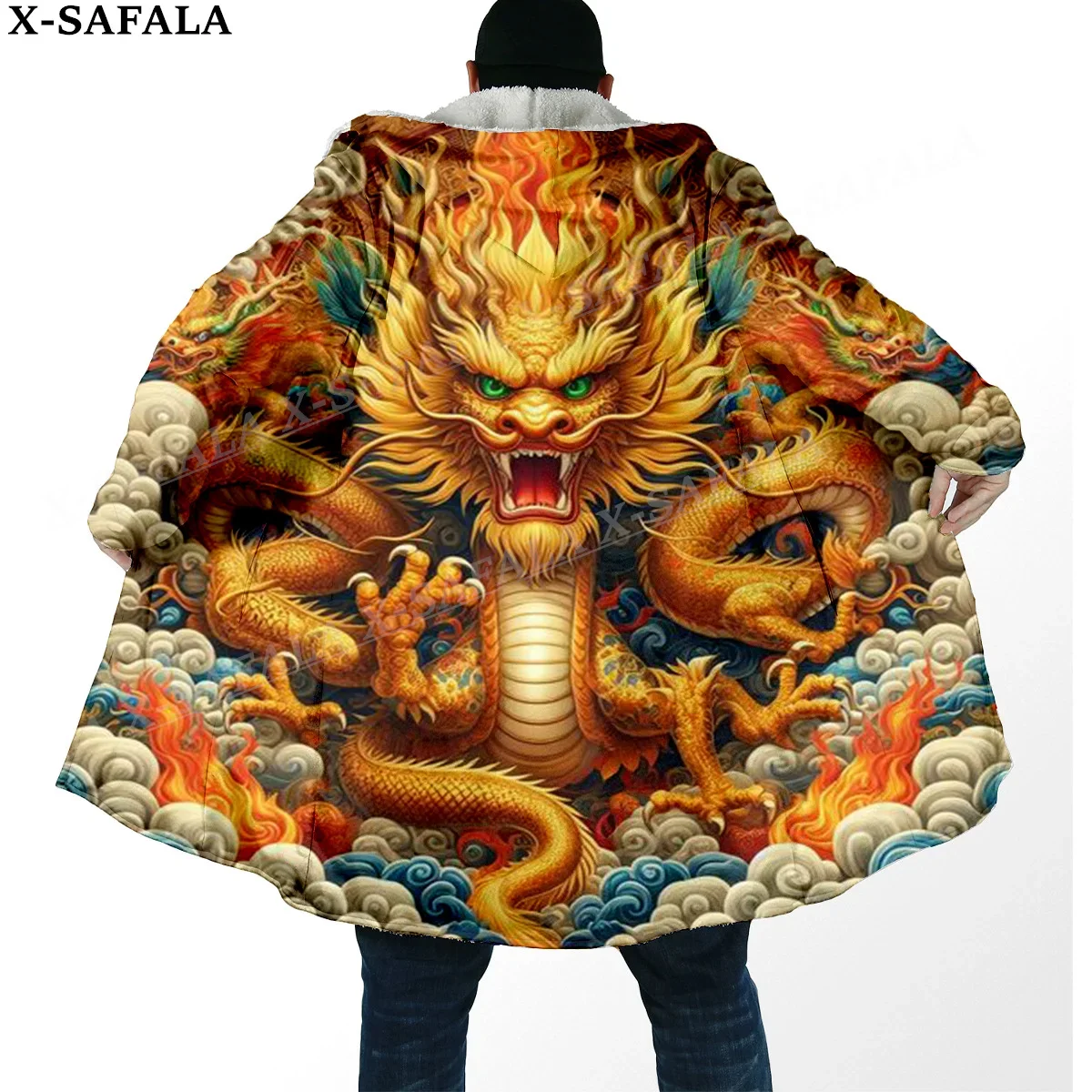 Mythology Dragon Yin And Yang Thick Warm Hooded Cloak Men Overcoat Coat Windproof Fleece Cape Robe Hooded Blanket-2