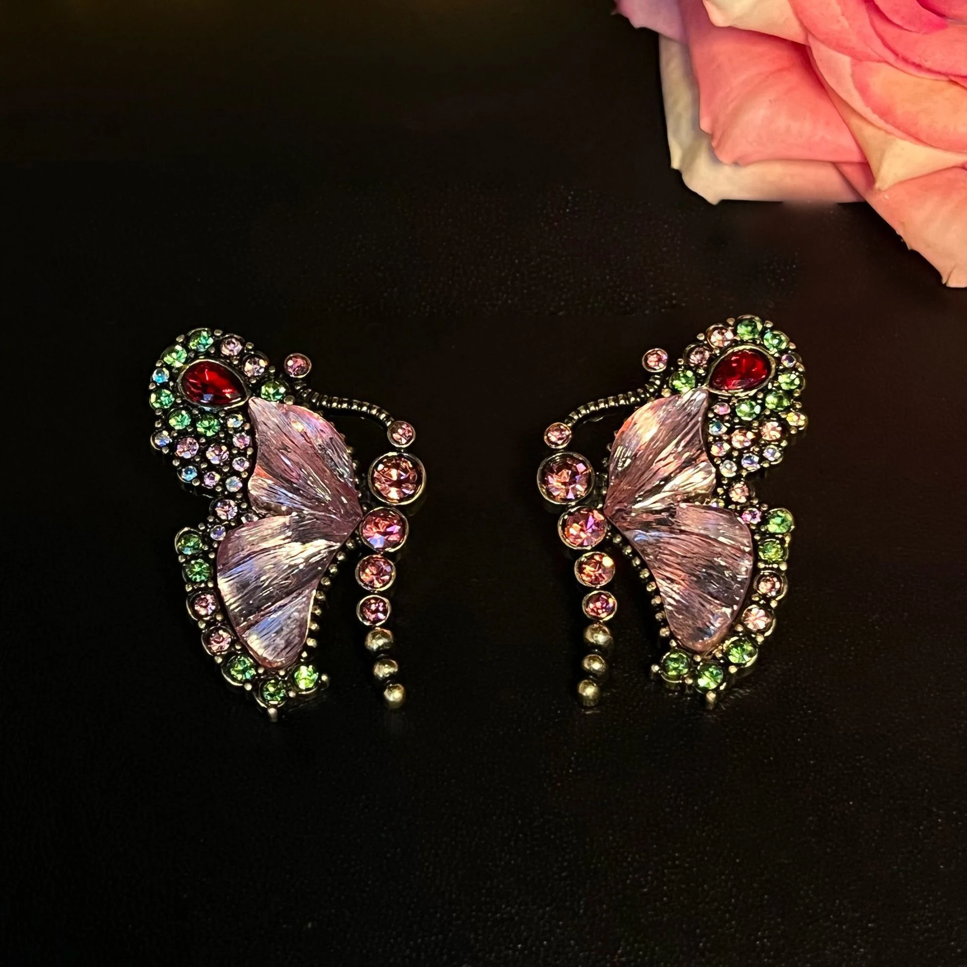 Vintage Butterfly Jewelry Set Colorful Rhinestone Earrings Glass Beads Necklace Sweet Cute Retro Accessories For Women Gift