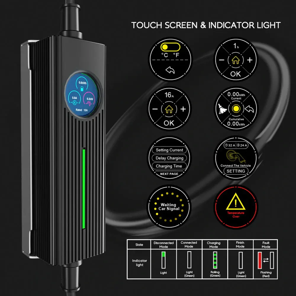 Morec Type 2 CEE Plug Current Switchable Portable EV Charger with Touch Screen EV Charging Cable 6M 16-24A with 5 Adapter 2-16KW