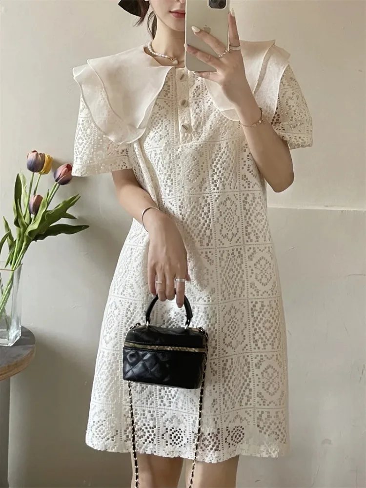 Kimotimo Korean Fashion Dress Women Peter Pan Collar Lace Hollowed Short Sleeve Midi Dresses 2024 Summer Elegant Sweet Vestidos