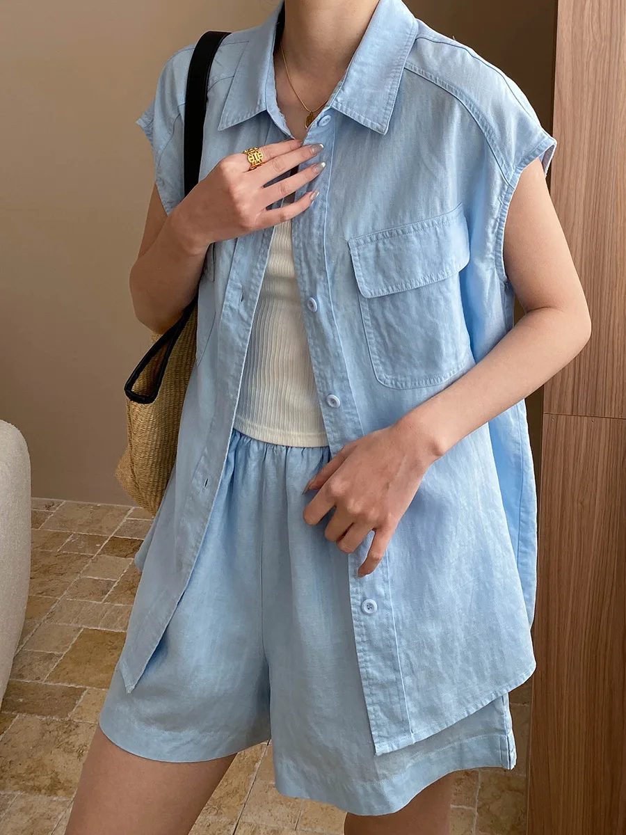 

summer women's casual linen set solid color lapel sleeveless pocket decoration shirt+high waisted loose shorts set