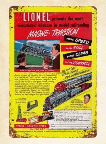 railroad model railway locomotive Lionel Magne-Traction 1950 tin sign