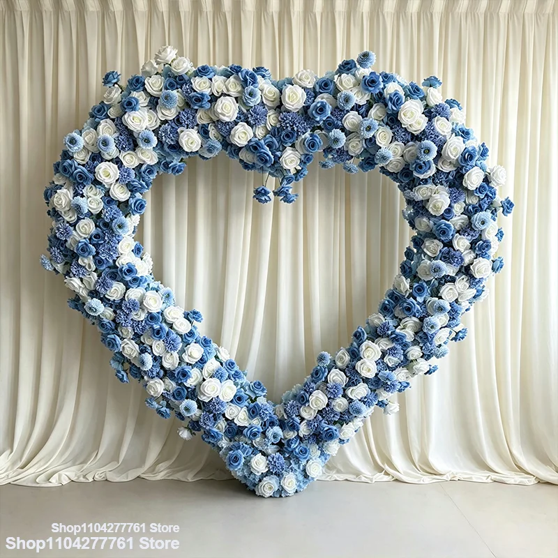 5D Blau-Weißer Herzförmiger Künstlicher Blumenbogen-Rahmen Hochzeits-Hintergrund Rosen-Hortensien-Blumenarrangement Verlobungsfeier-Deko – Detail 2